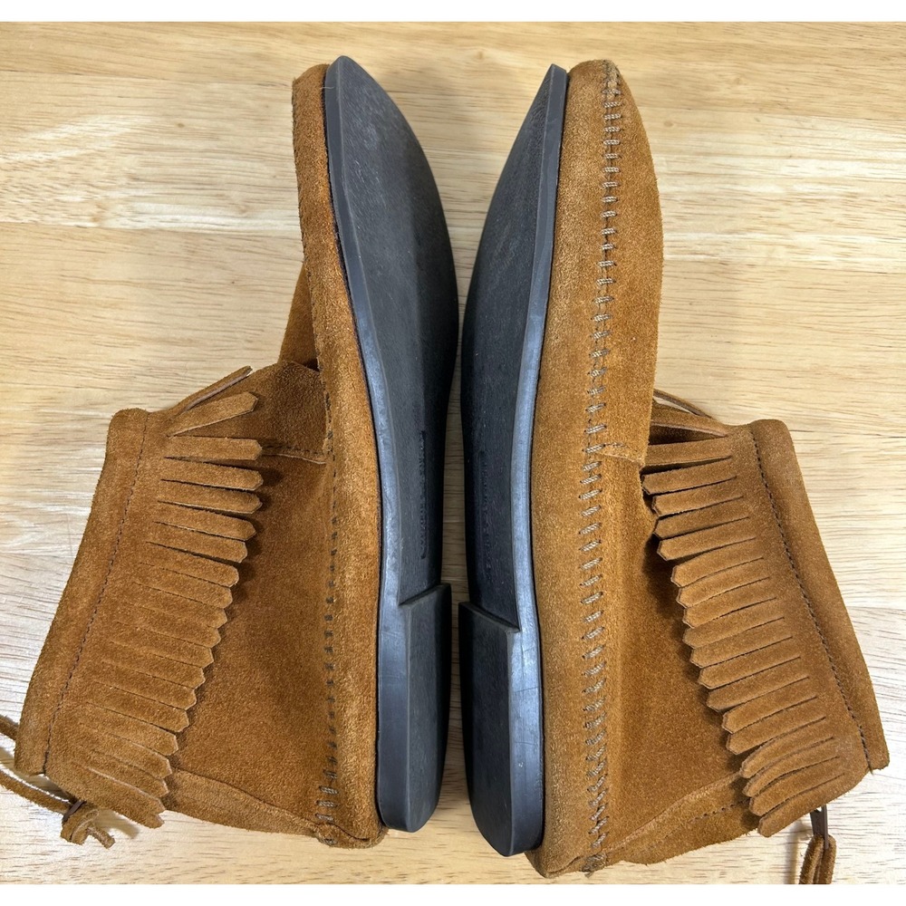 Minnetonka Ankle Boots Women 8.5 Tan Suede Back Zip Hardsole Bootie Fringe Indie - Picture 10 of 12